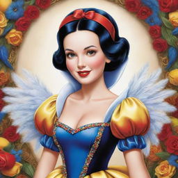 A cartoon depiction of Snow White wearing an elaborate, finely detailed feathered costume that adds to her vibrant personality with colors and style.