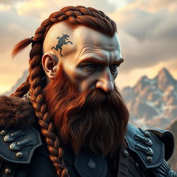 A half portrait of a tall mountain dwarf with dark reddish-brown hair, slightly braided with shaved sides, and a thick braided beard that underscores his fierce warrior persona