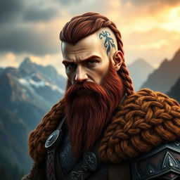 A half portrait of a tall mountain dwarf with dark reddish-brown hair, slightly braided with shaved sides, and a thick braided beard that underscores his fierce warrior persona