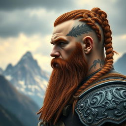 A half portrait of a tall mountain dwarf with dark reddish-brown hair, slightly braided with shaved sides, and a thick braided beard that underscores his fierce warrior persona