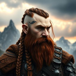 A half portrait of a tall mountain dwarf with dark reddish-brown hair, slightly braided with shaved sides, and a thick braided beard that underscores his fierce warrior persona