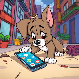 In the playful style of Tom and Jerry, a puppy is shown looking lost and confused in a colorful, exaggerated urban environment