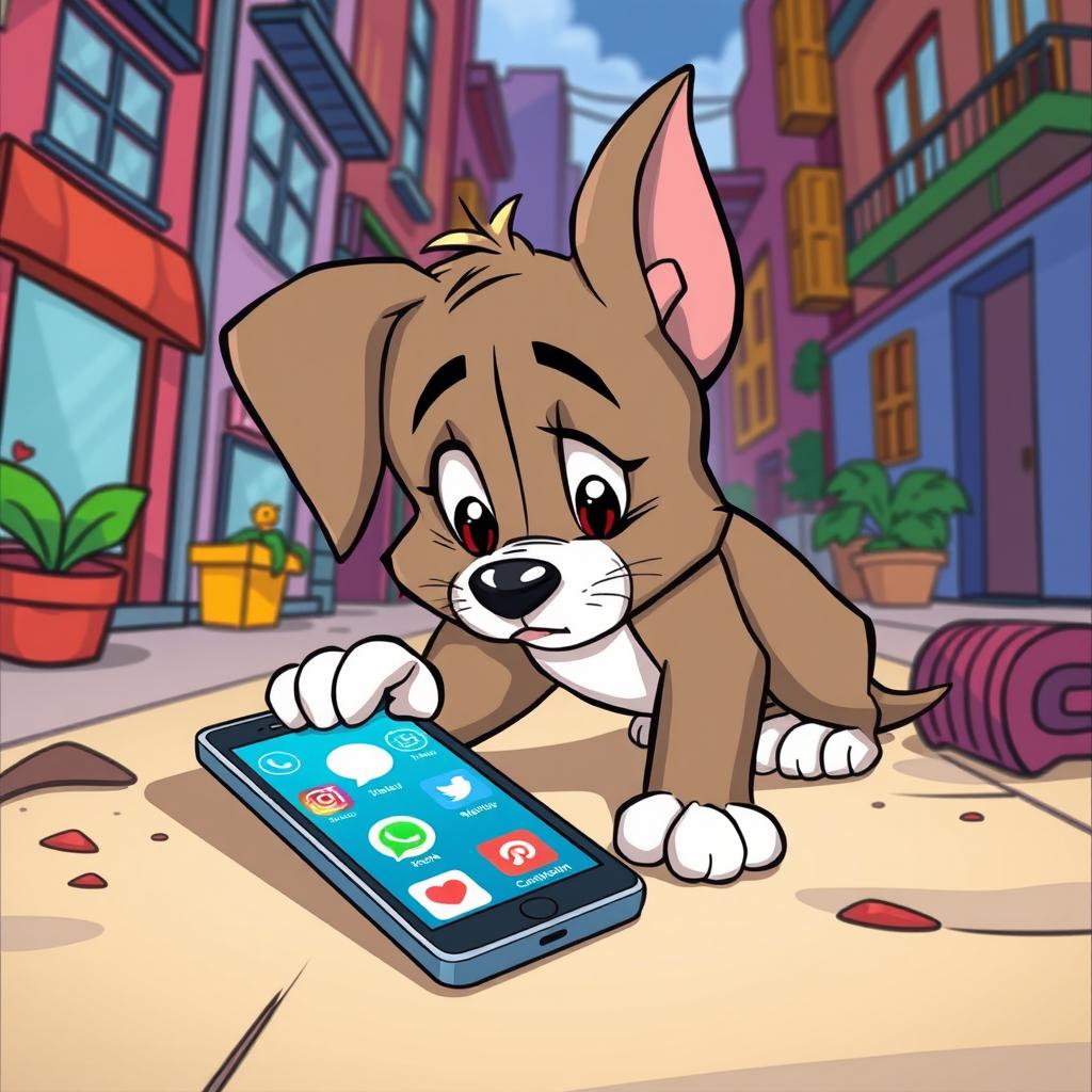 In the playful style of Tom and Jerry, a puppy is shown looking lost and confused in a colorful, exaggerated urban environment