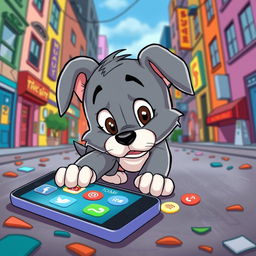 In the playful style of Tom and Jerry, a puppy is shown looking lost and confused in a colorful, exaggerated urban environment