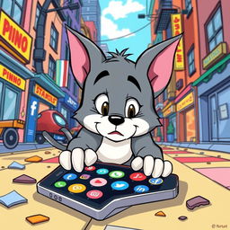 In the playful style of Tom and Jerry, a puppy is shown looking lost and confused in a colorful, exaggerated urban environment