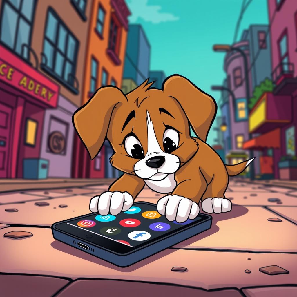 In the playful style of Tom and Jerry, a puppy is shown looking lost and confused in a colorful, exaggerated urban environment