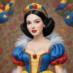 A cartoon depiction of Snow White wearing an elaborate, finely detailed feathered costume that adds to her vibrant personality with colors and style.