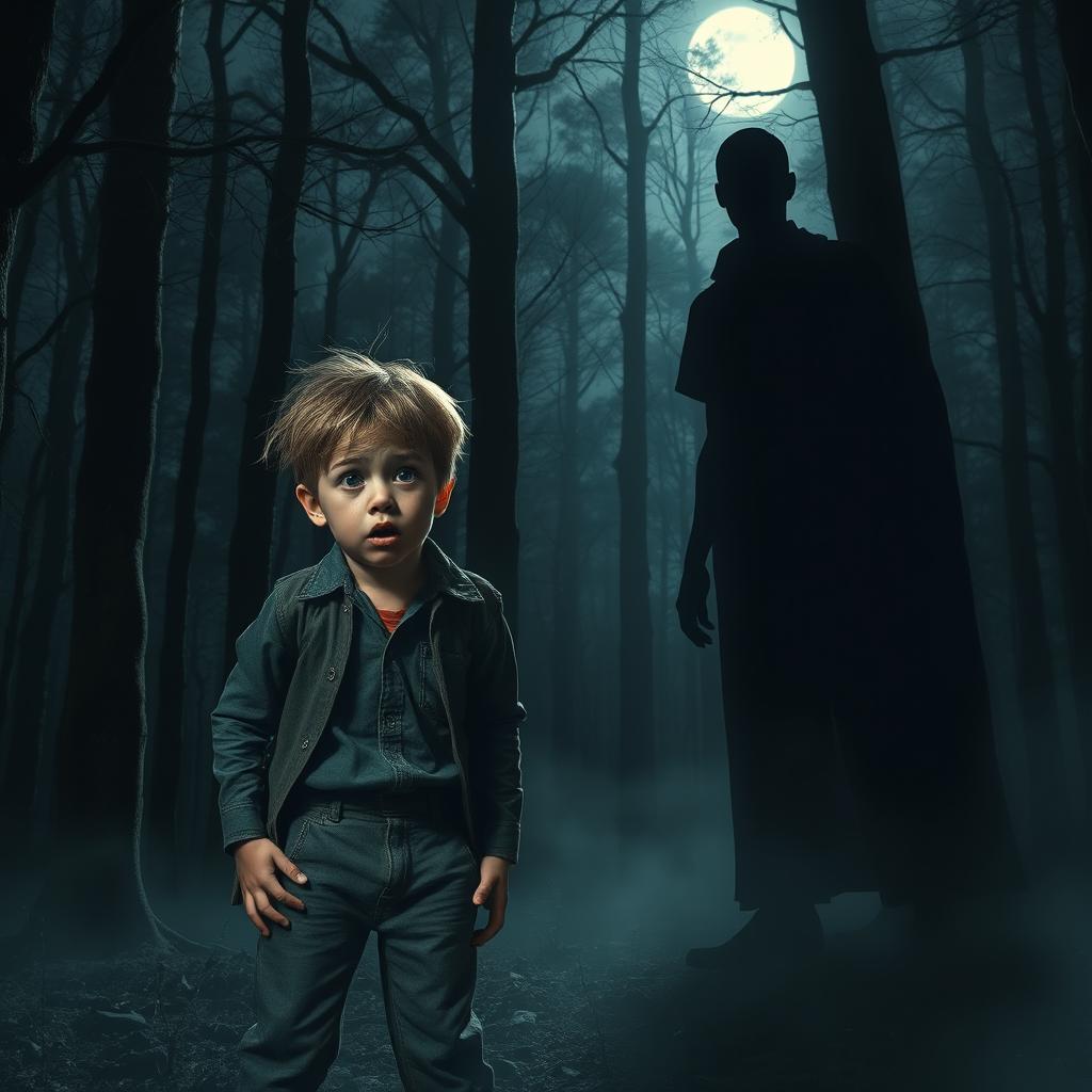 A terrified young boy with a look of sheer terror on his face, standing alone in a dark forest