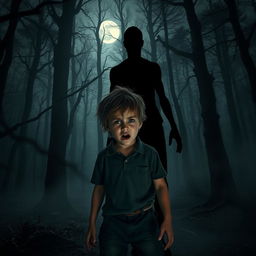 A terrified young boy with a look of sheer terror on his face, standing alone in a dark forest