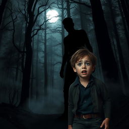 A terrified young boy with a look of sheer terror on his face, standing alone in a dark forest