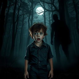 A terrified young boy with a look of sheer terror on his face, standing alone in a dark forest