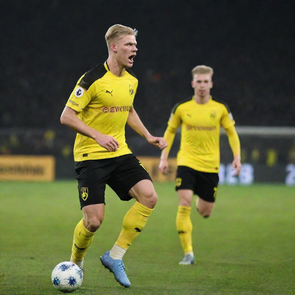 Erling Haaland, the accomplished footballer, in his Borussia Dortmund kit, poised to strike the ball under the stadium lights.