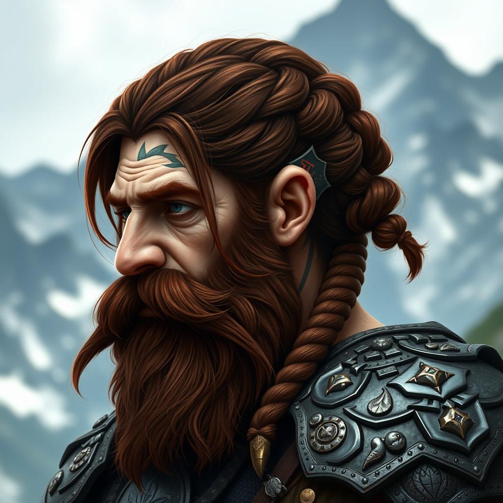 A fantasy-style half portrait of a mountain dwarf