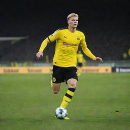 Erling Haaland, the accomplished footballer, in his Borussia Dortmund kit, poised to strike the ball under the stadium lights.