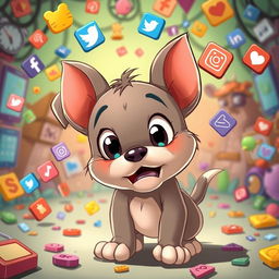 In the whimsical style of Tom and Jerry, a cute puppy is portrayed with wide, expressive eyes, looking lost and worried as it searches for its owner