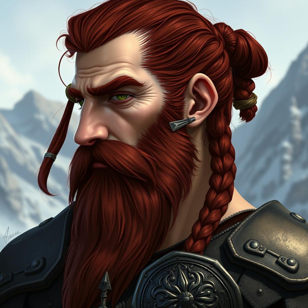 A fantasy-style half portrait of a tall mountain dwarf