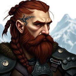 A fantasy-style half portrait of a tall mountain dwarf