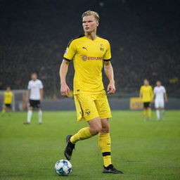 Erling Haaland, the accomplished footballer, in his Borussia Dortmund kit, poised to strike the ball under the stadium lights.