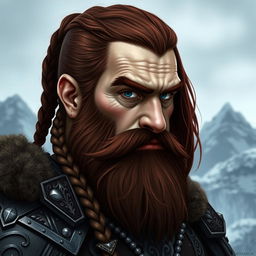 A fantasy-style half portrait of a tall mountain dwarf