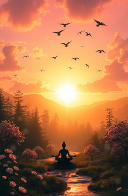 A serene landscape depicting spiritual awakening and connection, featuring a radiant sunrise casting warm golden hues over a peaceful forest