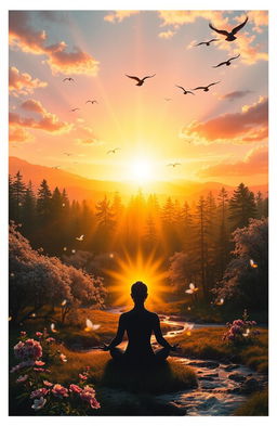 A serene landscape depicting spiritual awakening and connection, featuring a radiant sunrise casting warm golden hues over a peaceful forest