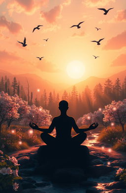 A serene landscape depicting spiritual awakening and connection, featuring a radiant sunrise casting warm golden hues over a peaceful forest