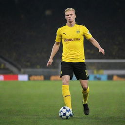 Erling Haaland, the accomplished footballer, in his Borussia Dortmund kit, poised to strike the ball under the stadium lights.