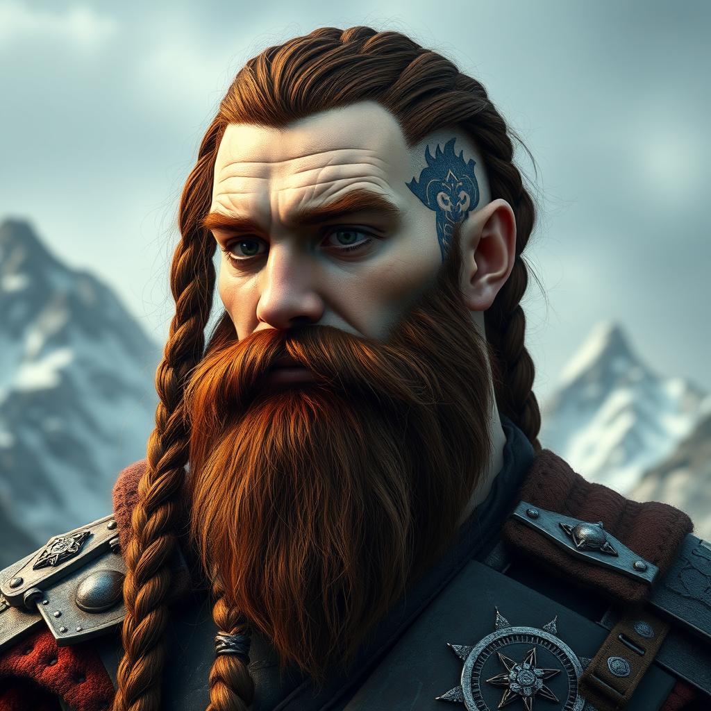 A striking fantasy-style half portrait of a tall mountain dwarf, featuring dark reddish-brown hair that is slightly braided along with a distinctive braided beard