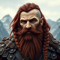 A striking fantasy-style half portrait of a tall mountain dwarf, featuring dark reddish-brown hair that is slightly braided along with a distinctive braided beard