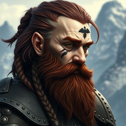 A striking fantasy-style half portrait of a tall mountain dwarf, featuring dark reddish-brown hair that is slightly braided along with a distinctive braided beard