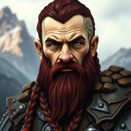 A striking fantasy-style half portrait of a tall mountain dwarf, featuring dark reddish-brown hair that is slightly braided along with a distinctive braided beard