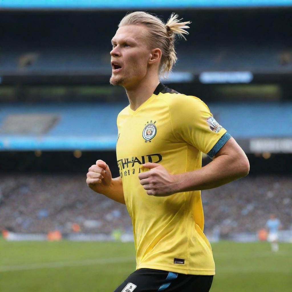 Erling Haaland wearing a Manchester City jersey, fiercely running on the field with the Etihad Stadium in the background.