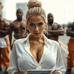 An extreme close-up of a gorgeous blonde woman with a top bun hairstyle, wearing a white blouse tied in front, accentuating her large chest and cleavage