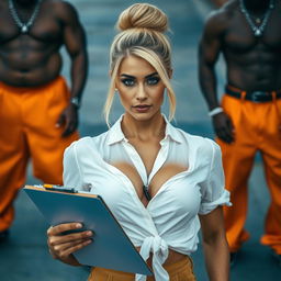 An extreme close-up of a gorgeous blonde woman with a top bun hairstyle, wearing a white blouse tied in front, accentuating her large chest and cleavage