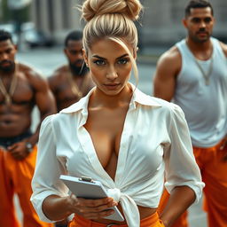 An extreme close-up of a gorgeous blonde woman with a top bun hairstyle, wearing a white blouse tied in front, accentuating her large chest and cleavage