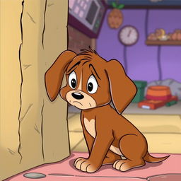 In the charming style of Tom and Jerry, a brown puppy is depicted with droopy ears and big, sad eyes, leaning against a wall with a forlorn expression