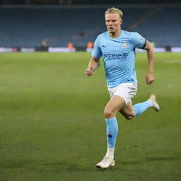 Erling Haaland wearing a Manchester City jersey, fiercely running on the field with the Etihad Stadium in the background.