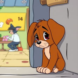 In the charming style of Tom and Jerry, a brown puppy is depicted with droopy ears and big, sad eyes, leaning against a wall with a forlorn expression