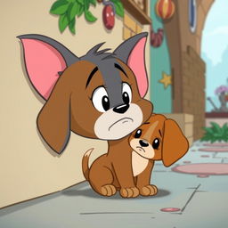 In the charming style of Tom and Jerry, a brown puppy is depicted with droopy ears and big, sad eyes, leaning against a wall with a forlorn expression