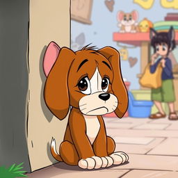 In the charming style of Tom and Jerry, a brown puppy is depicted with droopy ears and big, sad eyes, leaning against a wall with a forlorn expression