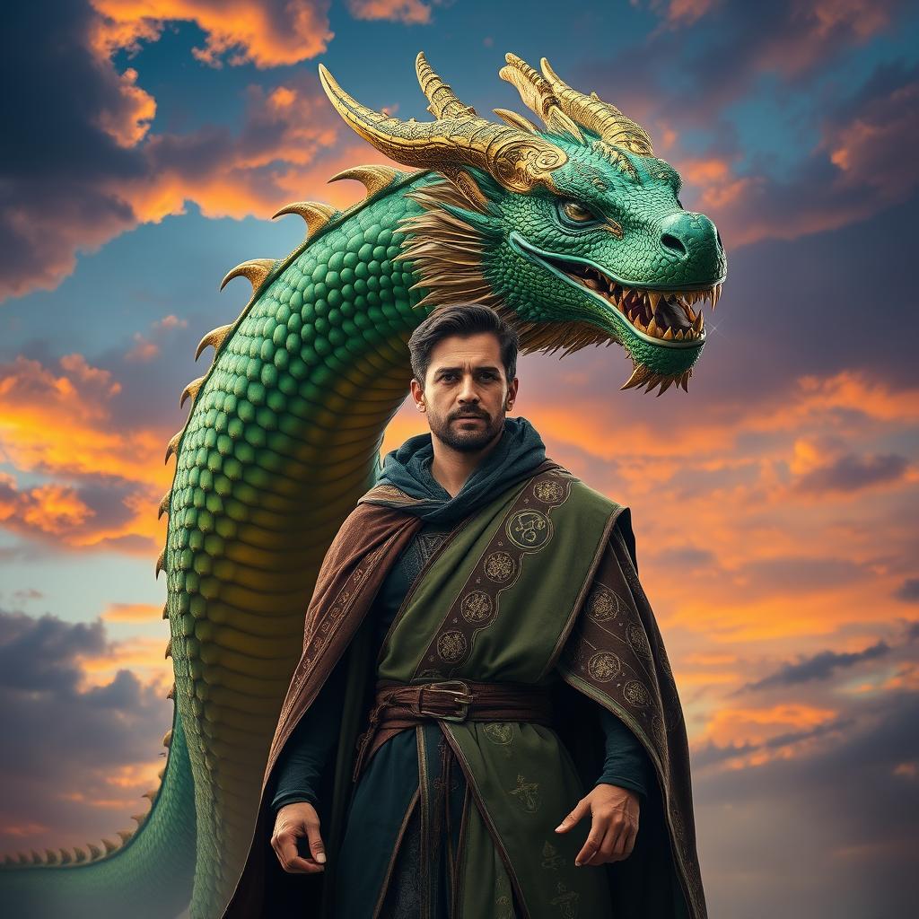 A man standing confidently in front of a majestic dragon, using only his piercing gaze to command the creature to stay calm