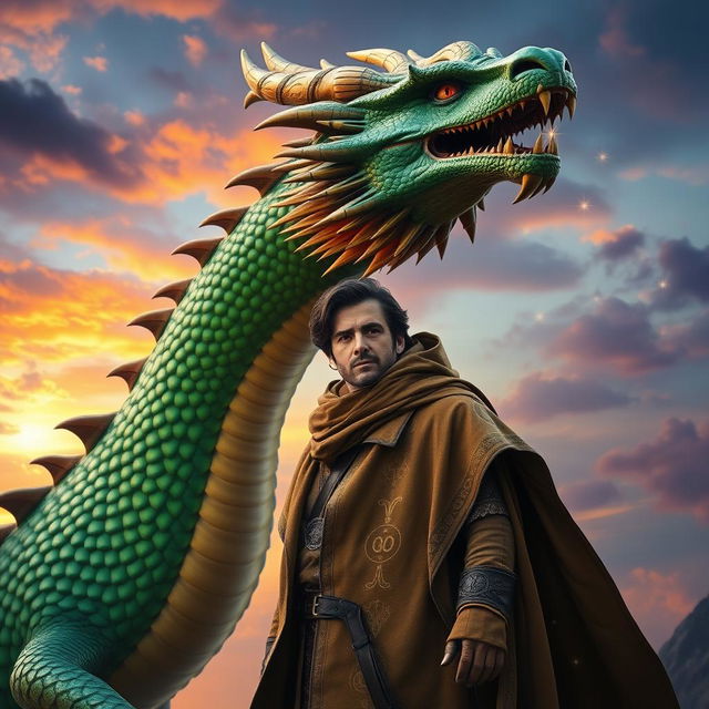 A man standing confidently in front of a majestic dragon, using only his piercing gaze to command the creature to stay calm