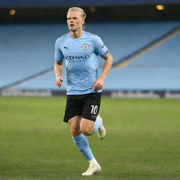 Erling Haaland wearing a Manchester City jersey, fiercely running on the field with the Etihad Stadium in the background.