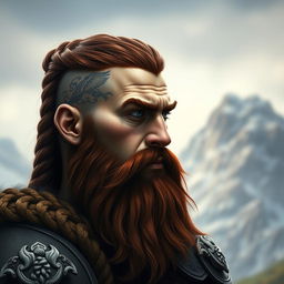 A captivating fantasy-style half portrait of a tall mountain dwarf