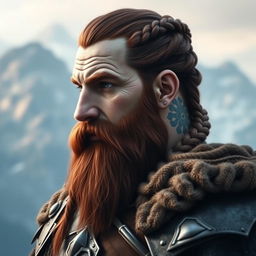 A captivating fantasy-style half portrait of a tall mountain dwarf