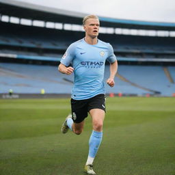 Erling Haaland wearing a Manchester City jersey, fiercely running on the field with the Etihad Stadium in the background.