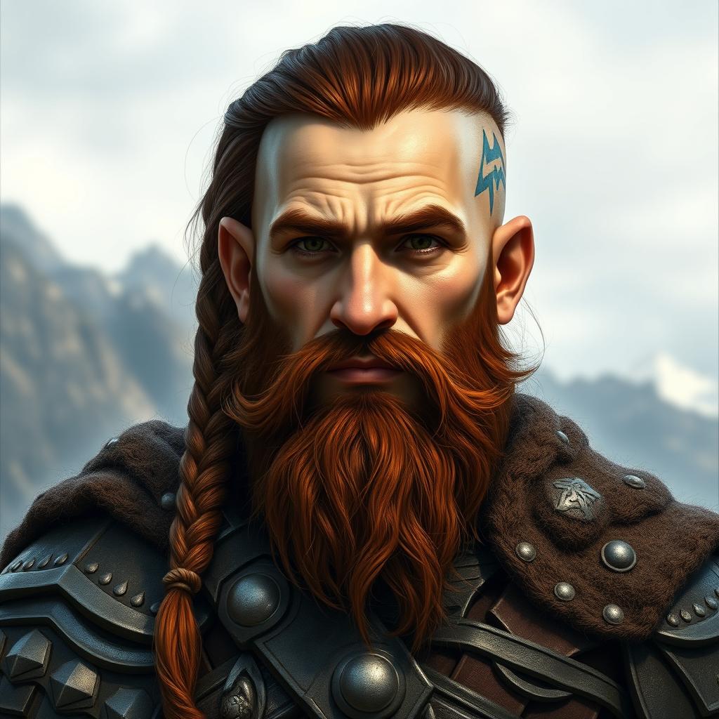 A captivating fantasy-style half portrait of a tall dwarf