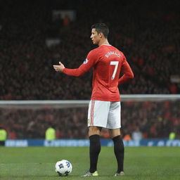 Cristiano Ronaldo, the world-famous footballer, in his Manchester United kit, gearing up to take a free kick in a packed stadium.