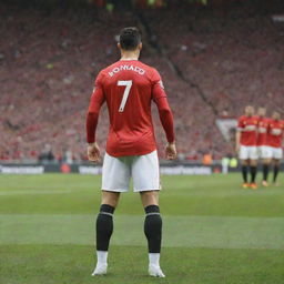 Cristiano Ronaldo, the world-famous footballer, in his Manchester United kit, gearing up to take a free kick in a packed stadium.