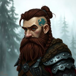 A tall dwarf character with dark reddish-brown hair that is slightly braided and a braided beard, dressed in intricate Viking armor